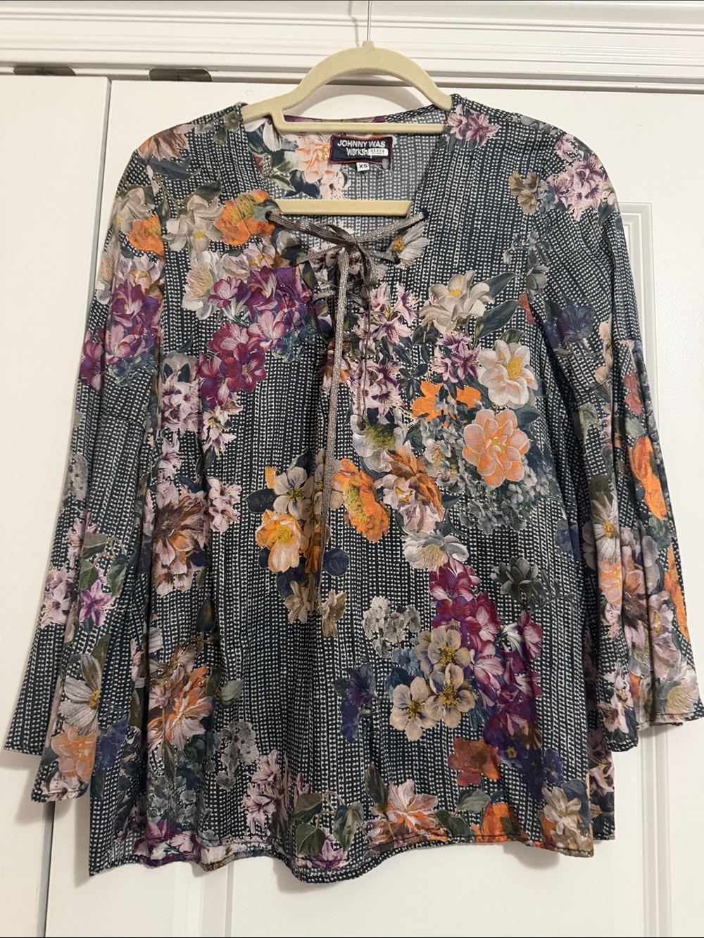 Johnny Was Multi-Color Floral Lace-Up Peasant Top